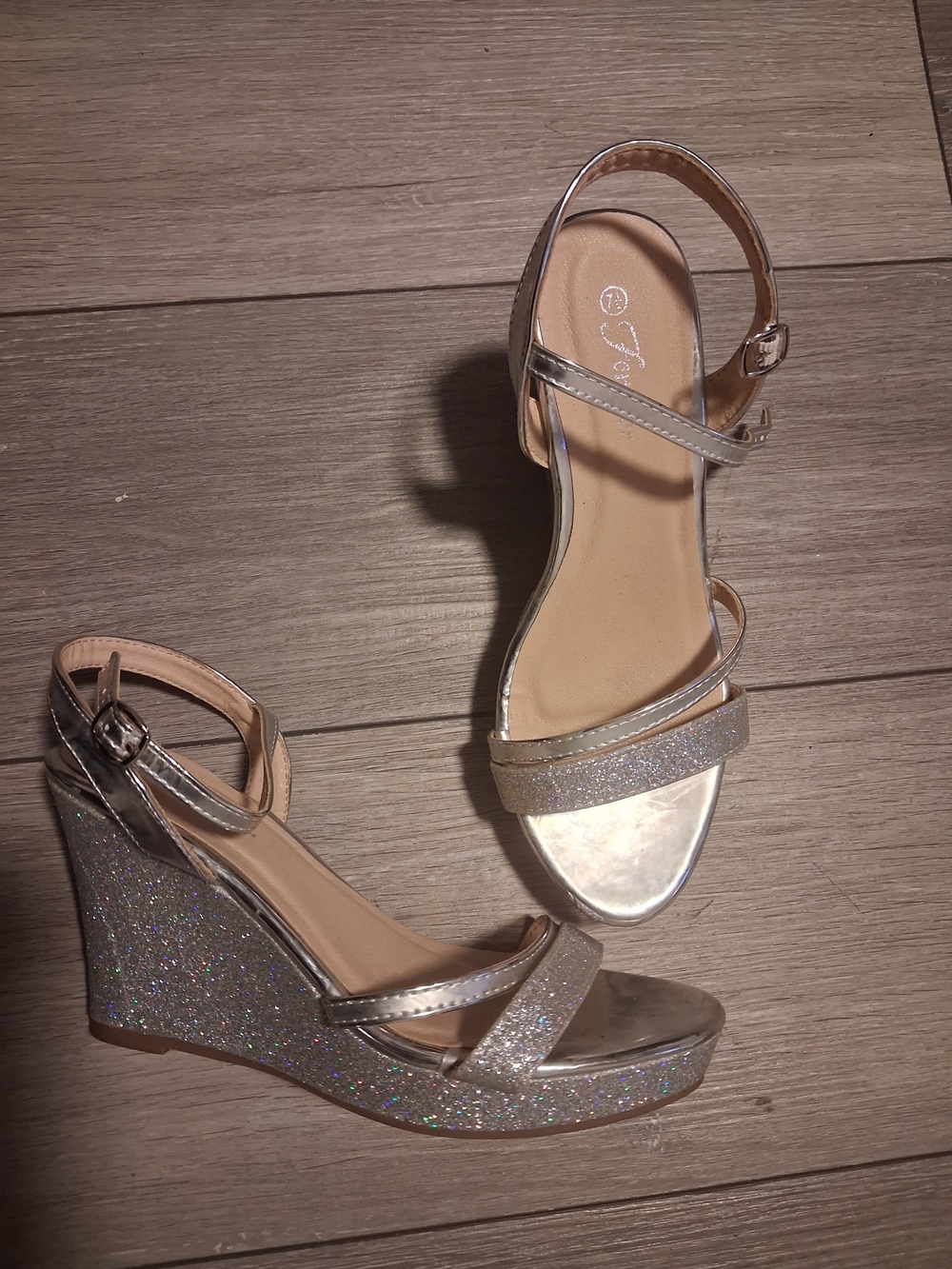 Forever 21 Silver Glitter Wedge Sandals with Metallic Straps